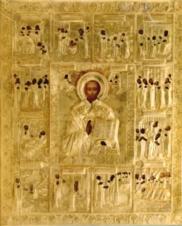 Икона живописная святителя Николая Чудотворца 40х50, масло, риза №128, золочение