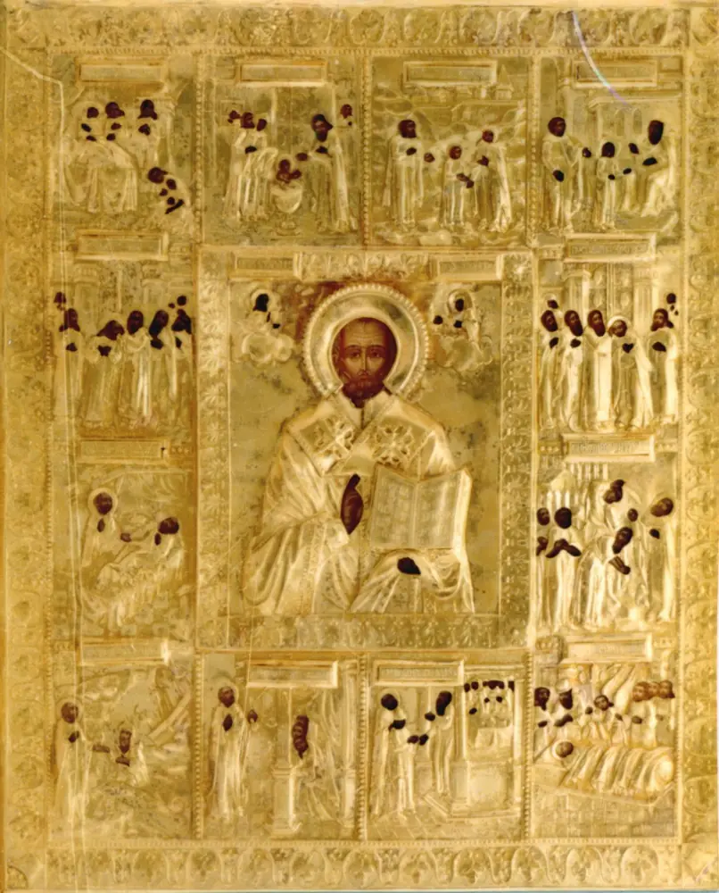 Painted icon of St Nicholas the Wonderworker 40×50, oil, riza cover №128, gilding