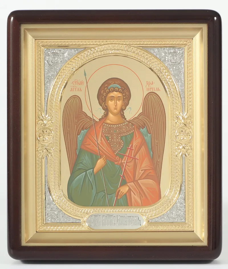 Icon in icon case 18×24 shaped, tempera №8, 3D riza frame, open, gilded, nickel plating Guardian Angel