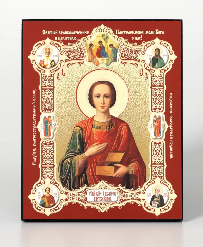 Icon on wooden panel 13×18 blind embossing, film (18 mm) Panteleimon (with Life scenes)