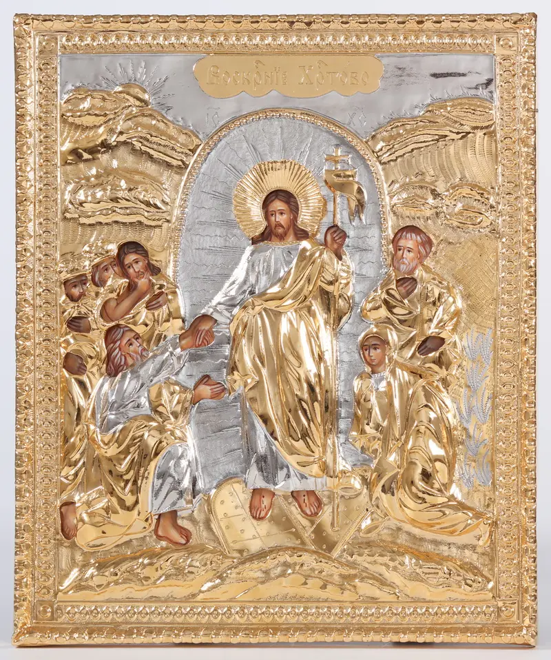 ფერწერული ხატი ქრისტეს აღდგომის 24×30, ზეთი, მოჭედილობა №255, მოოქროვება
