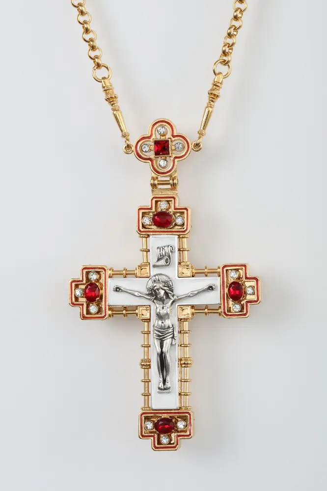 Pectoral cross №137 / gilding / silver cast Crucifixion, enamel