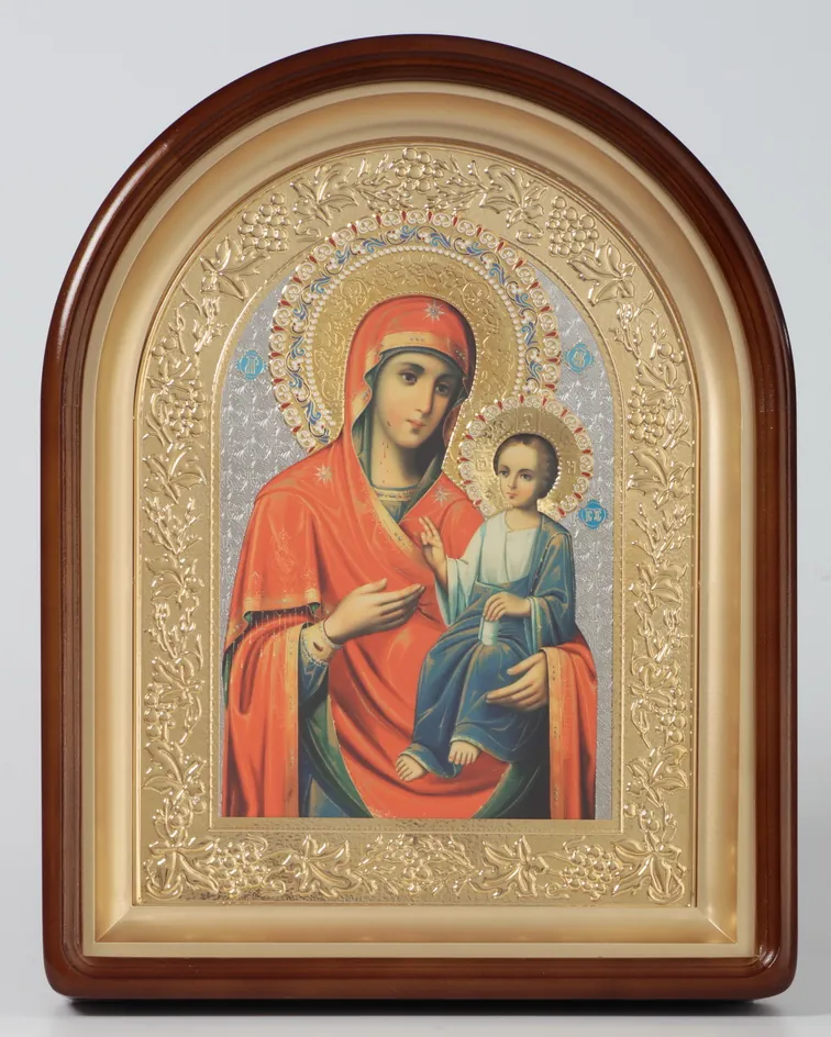 Icon in icon case 24×30 complex, arched, photo, 3D riza, open, gilding, enamel Iveron Mother of God