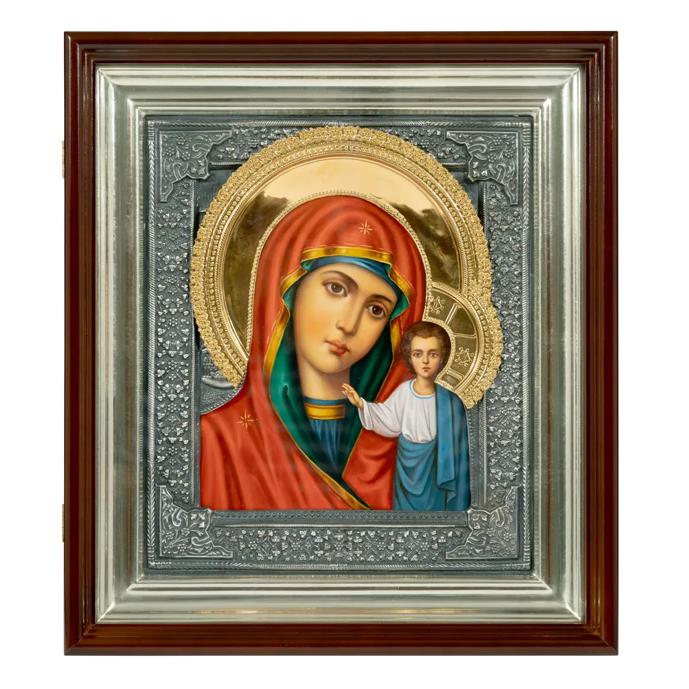 Painted icon in icon case 24×30 oil, riza cover №7, niello silver plating, icon case №1 Kazan Mother of God