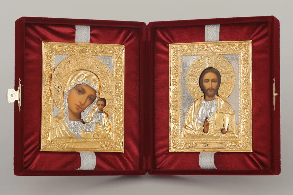 Painted folding icons in case 11×13 oil, riza covers №11, №28 (velvet) Saviour-Kazan Mother of God