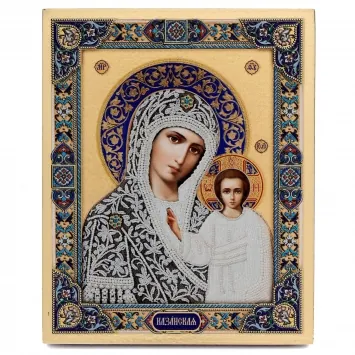 Icon on board 13×15 gilded finish, 3D print, varnish Kazan Mother of God 5 (pearls)