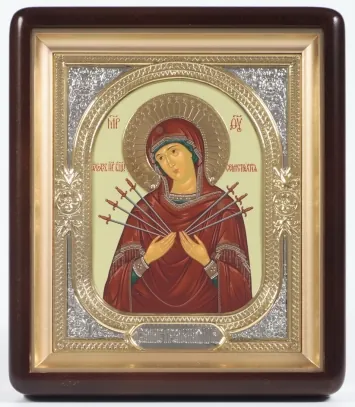 Icon in icon case 18×24 shaped, tempera, halo crown, 3D riza frame, open, gilding Seven Arrows Mother of God