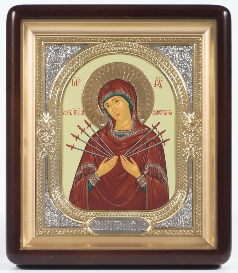 ხატი კიოტში 18×24 ფიგურული, ტემპერა, გვირგვინი, მოცულობითი მოჭედილობა-ჩარჩო, ღია, მოოქროვება შვიდისრიანი ღვთისმშობელი