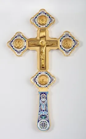 Altar cross filigree, painting, cast Crucifixion and images, laser engraving, gilding, silver plating