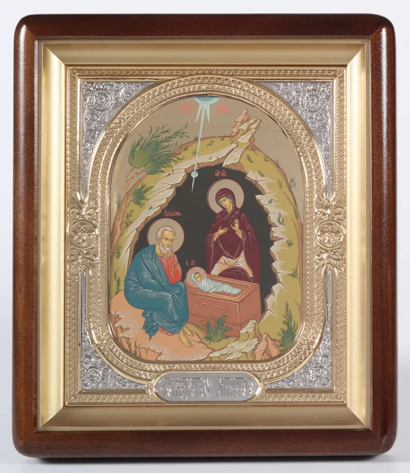 ხატი კიოტში 18×24 ფიგურული, ტემპერა №9, მოცულობითი მოჭედილობა-ჩარჩო, ღია, მოოქროვილი, მონიკელება ქრისტეს შობა 2