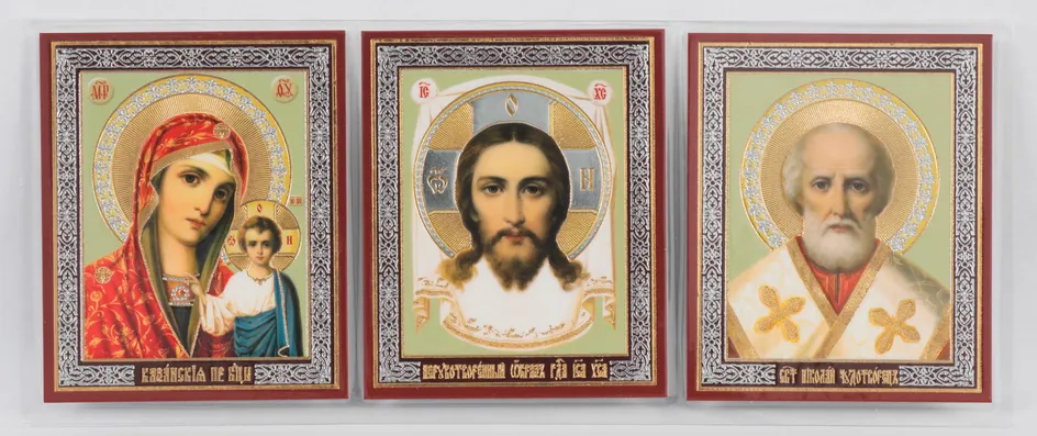 Icon in rigid lamination folding icon-triple 7×18 double embossing Saviour-Kazan Mother of God-Nicholas the Wonderworker 31