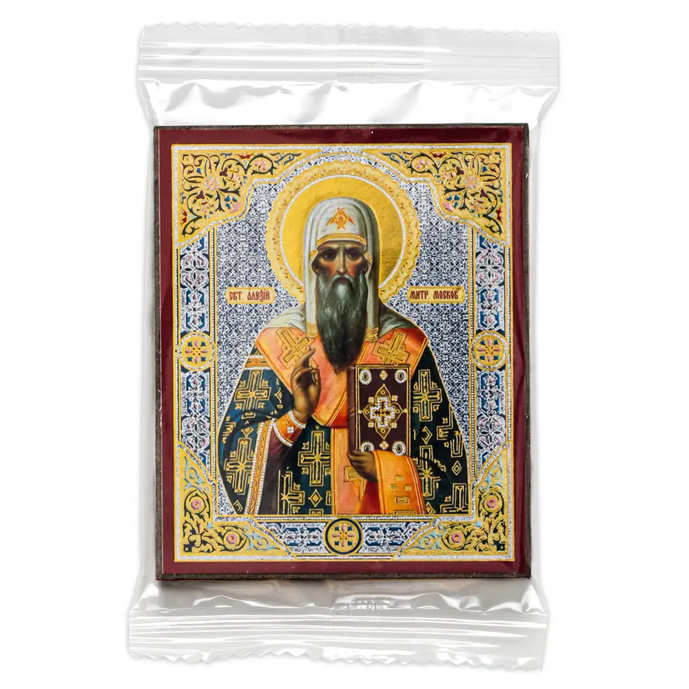 Icon on wooden panel 6×9 double embossing, annotation, packaging Alexis, Metropolitan of Moscow