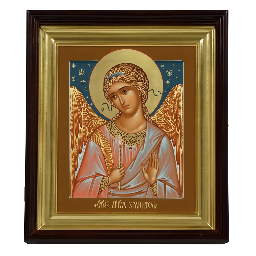 Painted icon on board in icon case 24×30 tempera, gilded halo, recessed field, icon case №1 Guardian Angel, 06171