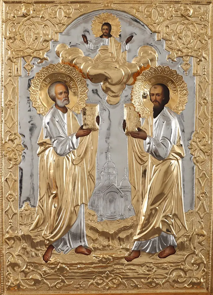 Painted icon of Apostle Peter, of Apostle Paul 40×60 oil, riza cover №121, gilding