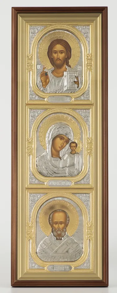Icon in icon case 20×70 complex, tempera, 3D riza, gilding, nickel plating Saviour-Kazan Mother of God-Nicholas the Wonderworker