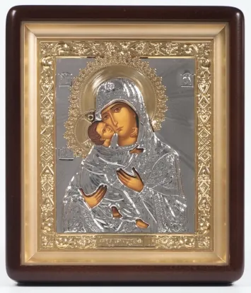 Icon in icon case 18×24 shaped, tempera, 3D riza, closed, partly gilded Vladimir Mother of God