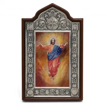 Name-day icon №56 / 2 electroforming, tempera on mother-of-pearl, in wooden frame / silver plating / Ascension of the Lord