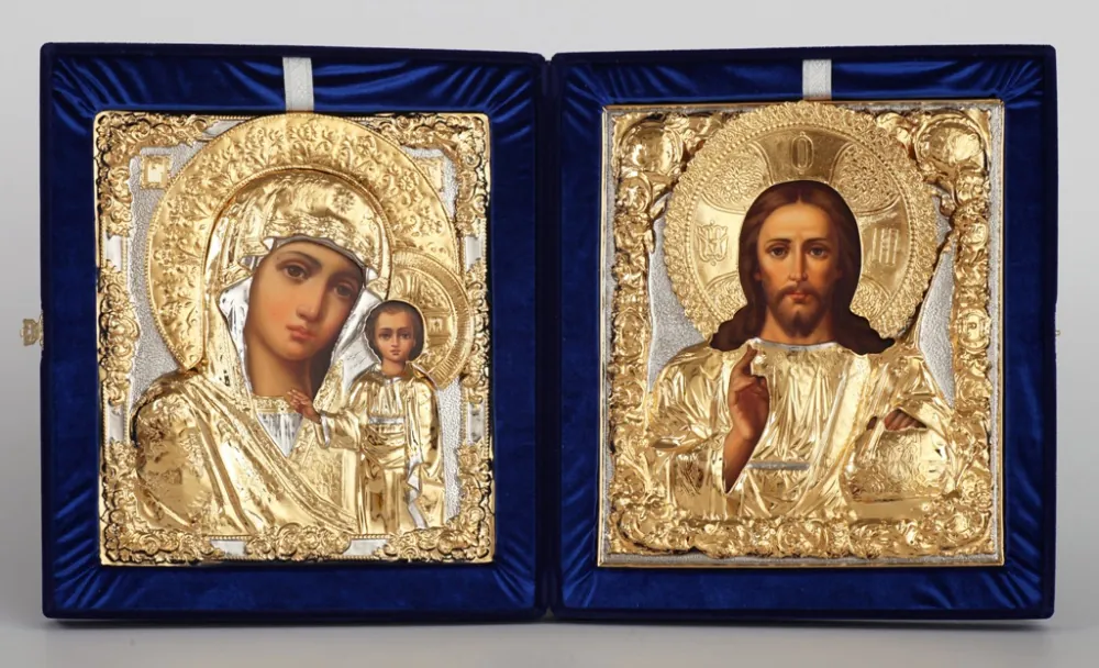 Painted folding icons in case 24×30 oil, riza covers №17, №76 (velvet) Saviour-Kazan Mother of God