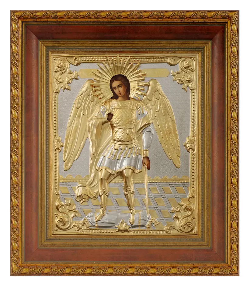 ფერწერული ხატი კიოტში 24×30 ზეთი, მოჭედილობა №47, მქრქალი მოოქროვება, კიოტი №22 მთავარანგელოზი მიქაელი