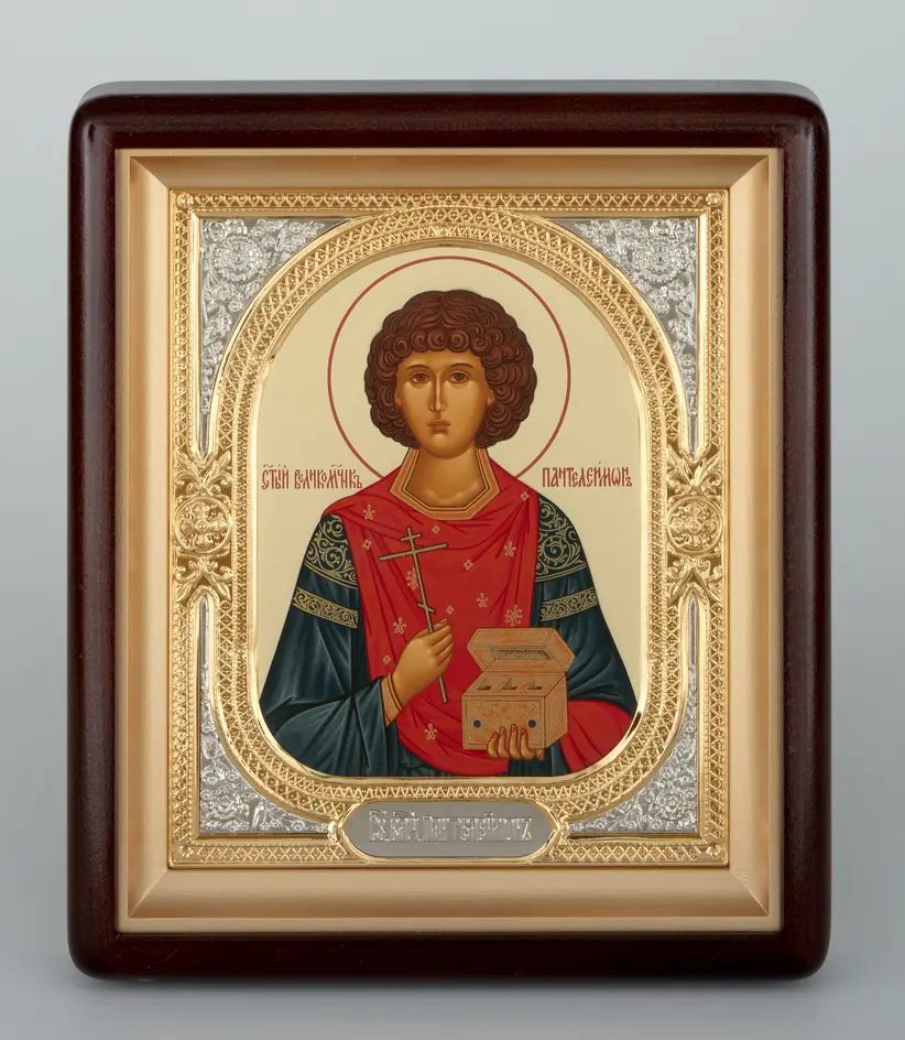 ხატი კიოტში 18×24 ფიგურული, ტემპერა №8, მოცულობითი მოჭედილობა-ჩარჩო, ღია, მოოქროვილი, მონიკელება პანტელეიმონი