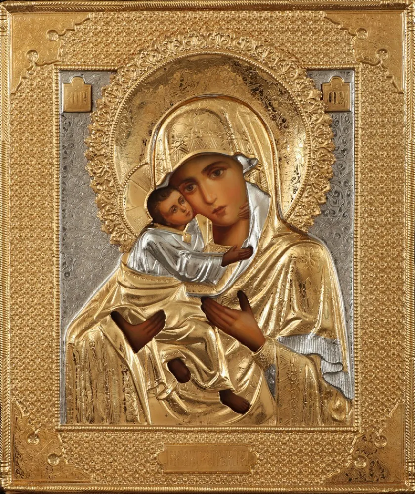 Painted icon of the Mother of God «Vladimir» 24×30, oil, riza cover №114, gilding