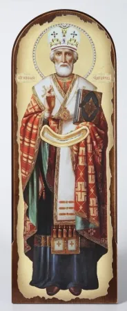 Icon on wood 18×50 arched, canvas, packaging Nicholas the Wonderworker (full-length, recessed field)