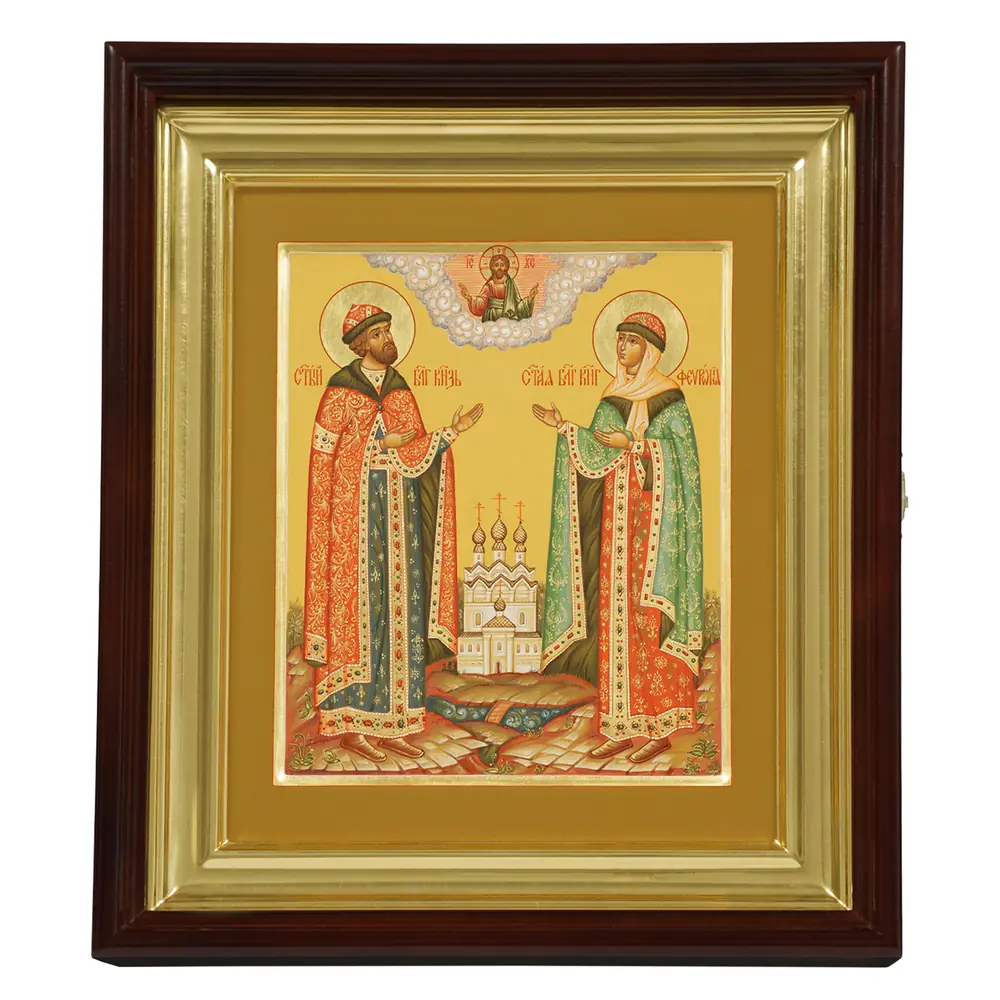 Painted icon on board in icon case 24×30 tempera, gilded halo, recessed field, icon case №1 Peter and Fevronia, 06060