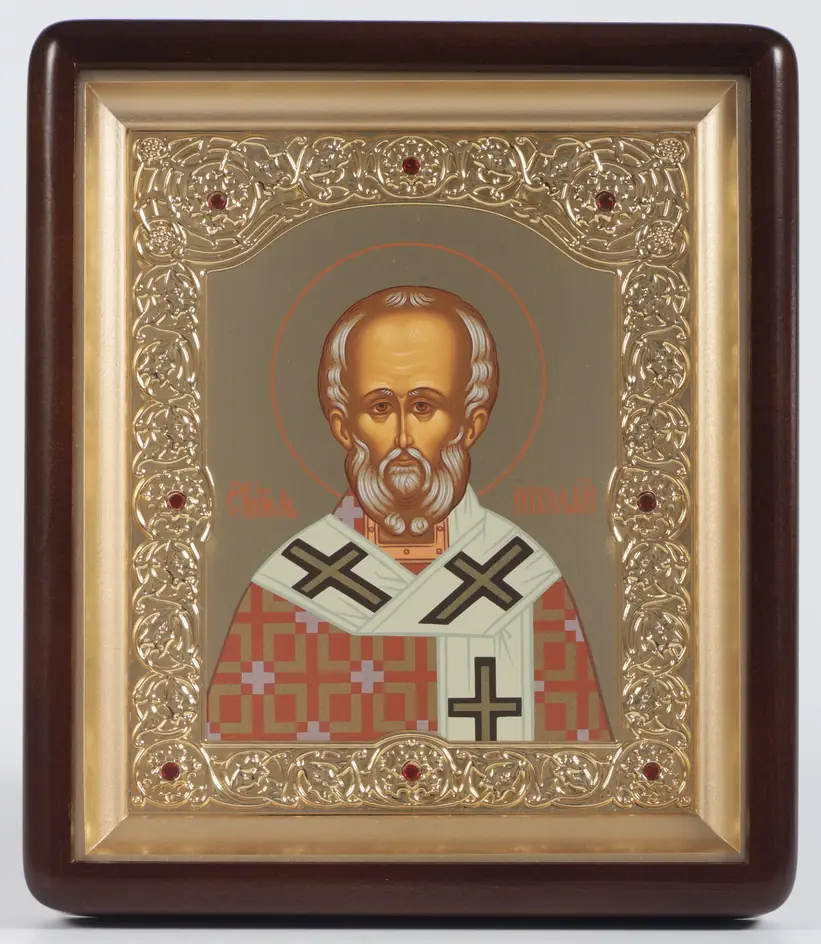 ხატი კიოტში 18×24 ფიგურული, ტემპერა №8, ფიგურული ჩარჩო, მოოქროვილი ნიკოლოზ საკვირველთმოქმედი