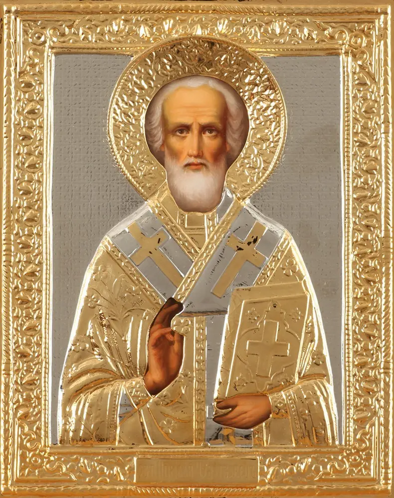 Икона живописная святителя Николая Чудотворца 18х24, масло, риза №54, золочение