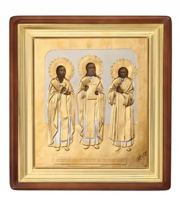 Painted icon in icon case 24×30 oil, riza cover №100, icon case №1 Three Holy Hierarchs
