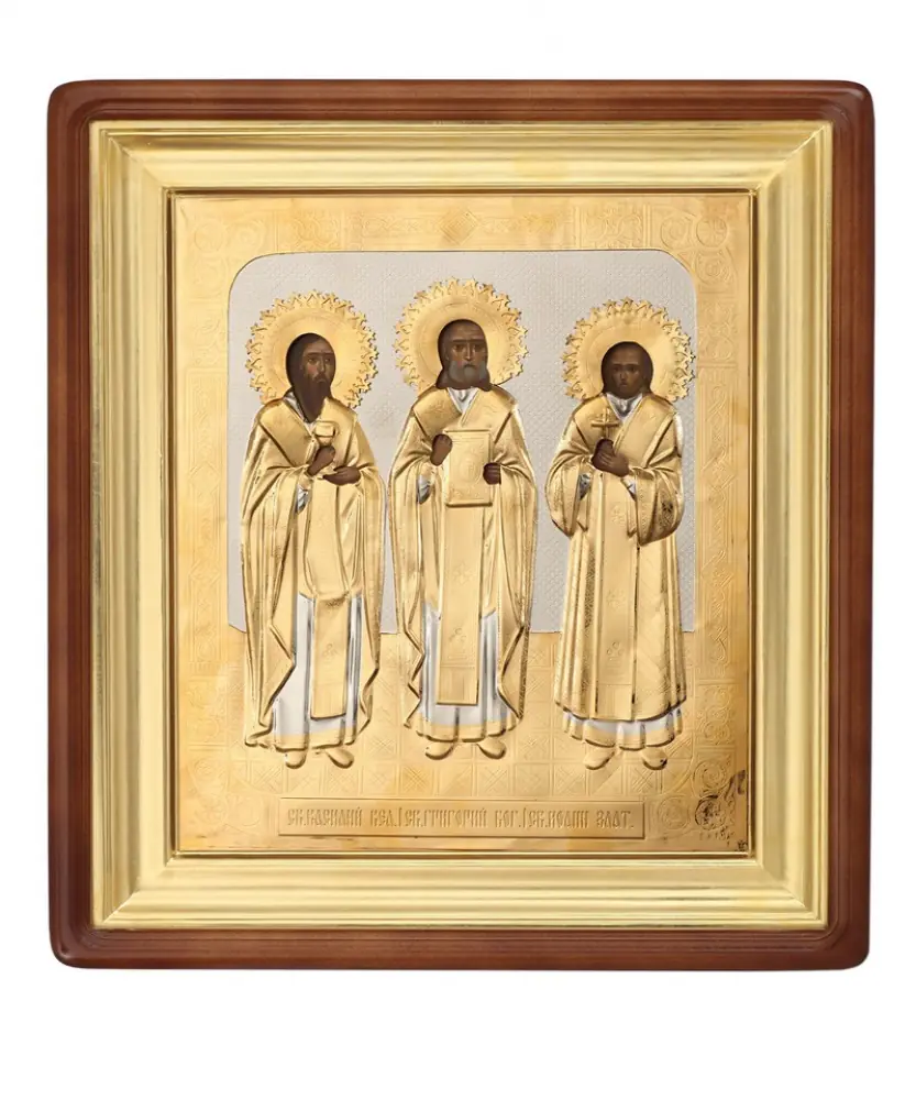 Painted icon in icon case 24×30 oil, riza cover №100, icon case №1 Three Holy Hierarchs