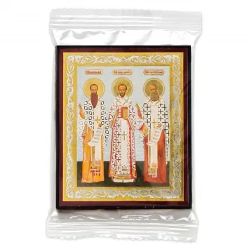 Icon on wooden panel 6×9 double embossing, annotation, packaging John Basil Gregory, Hierarchs
