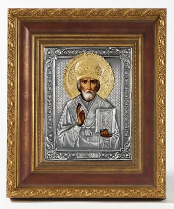 Painted icon in icon case 18×24 oil, riza cover №51, niello silver plating, icon case №22 Nicholas the Wonderworker
