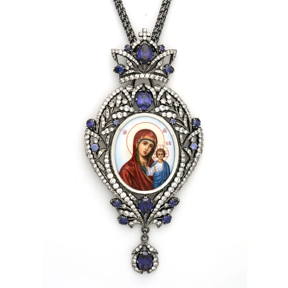 Panagia №1371 / cubic zirconia / silver plating / Kazan Mother of God
