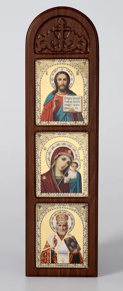 Icon on wooden panel 13×50 blind embossing (16 mm), triple, packaging Saviour-Kazan Mother of God-Nicholas Wonderworker