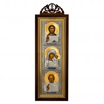 Icon in icon case 20×50 complex with carved with finial, tempera, riza cover, gilding, nickel, enamel Saviour-Kazan Mother of God-Nicholas the Wonderworker
