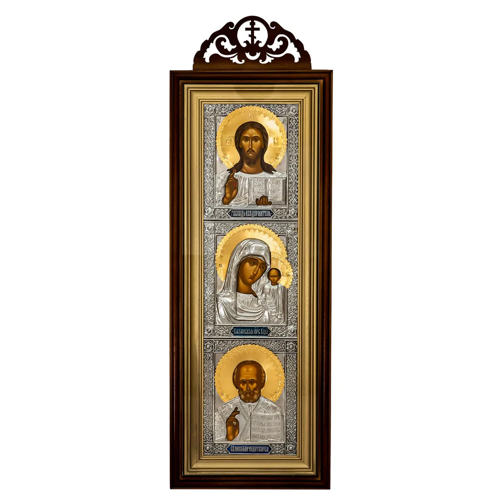 Icon in icon case 20×50 complex with carved with finial, tempera, riza cover, gilding, nickel, enamel Saviour-Kazan Mother of God-Nicholas the Wonderworker