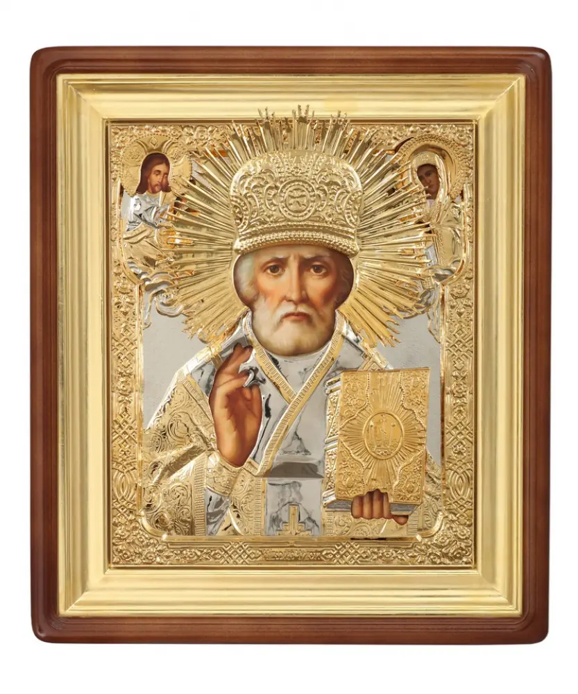 Painted icon in icon case 45×55 oil, riza cover №178, icon case №1 Nicholas the Wonderworker
