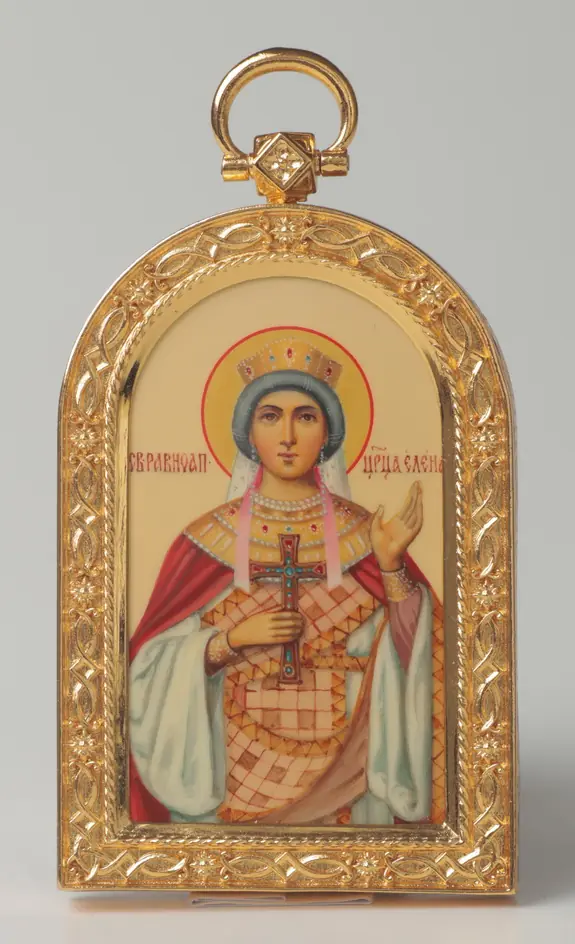 ხატი მოციქულთასწორი დედოფლის ელენეს ლითონის ჩარჩოში ჩამოსაკიდი, ფერწერა, მოოქროვება