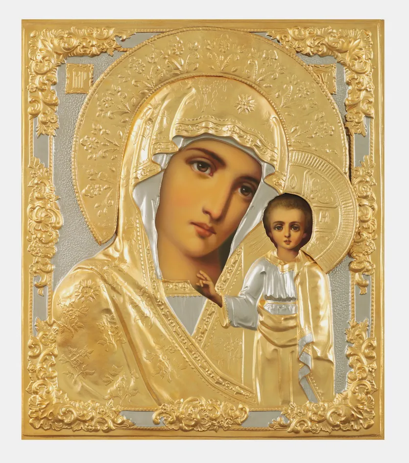 ღვთისმშობლის ფერწერული ხატი «ყაზანის» 24×30, ზეთი, მოჭედილობა №17, მქრქალი მოოქროვება