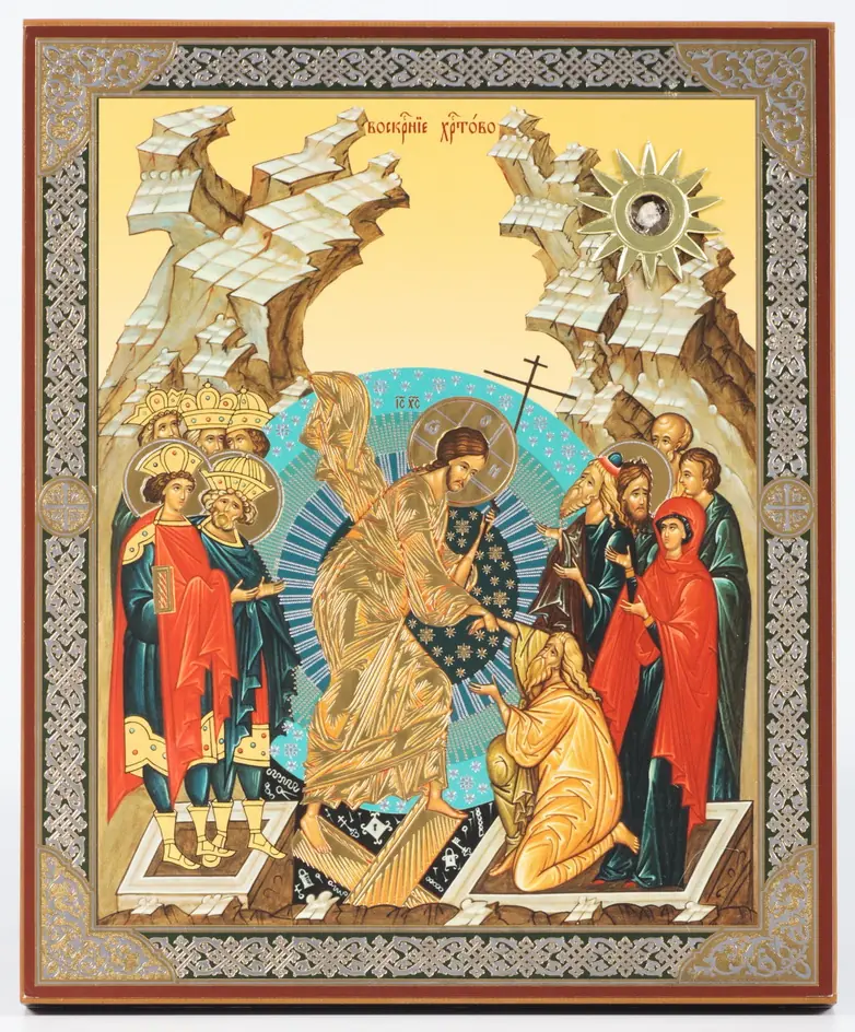 Icon on wooden panel 18×24 double embossing, chipboard, PVC, packaging Resurrection of Christ