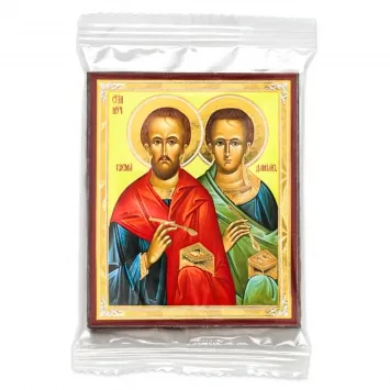 Icon on wooden panel 6×9 double embossing, annotation, packaging Cosmas and Damian 2