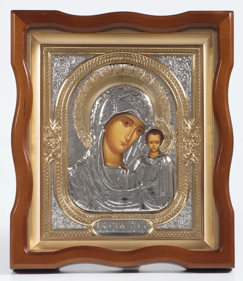 Icon in icon case 18×24 shaped №4 tempera, 3D riza, nickel, gilding Kazan Mother of God