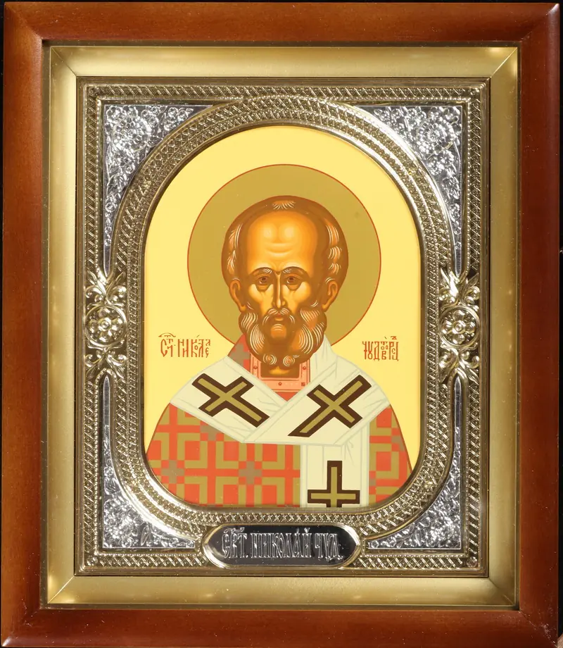 ხატი კიოტში 18×24 რთული, ტემპერა, მოჭედილობა-ჩარჩო №1 ნიკოლოზ საკვირველთმოქმედი