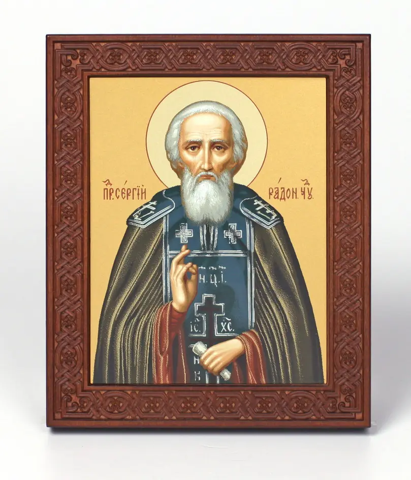 Icon on wood 18×22 rolled, recessed field with carved with surround, packaging Sergius of Radonezh 1