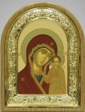 Icon in riza 18×24 arched, panel, gilded frame, tempera, packaging Kazan Mother of God
