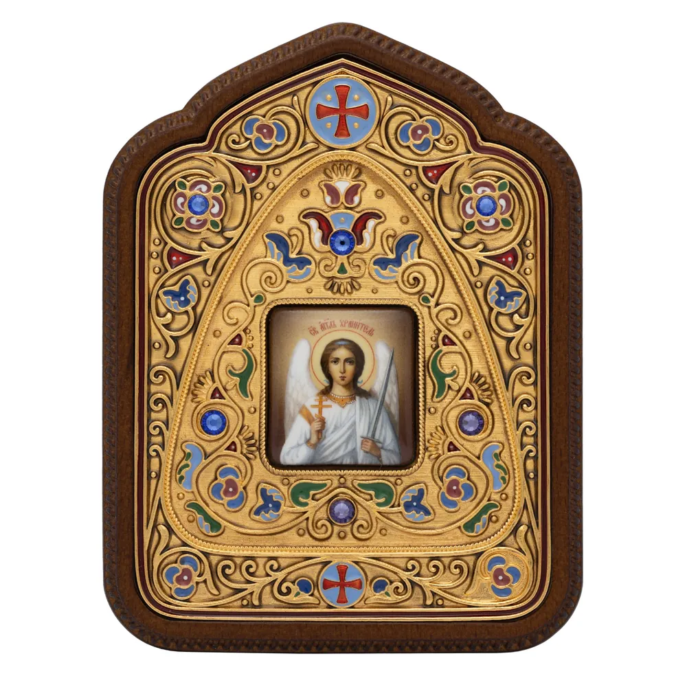 სამაგიდო ხატი №156 გალვანოპლასტიკა, მინანქარი, დეკალი, ხის ჩარჩოში / მოოქროვება / მფარველი ანგელოზი