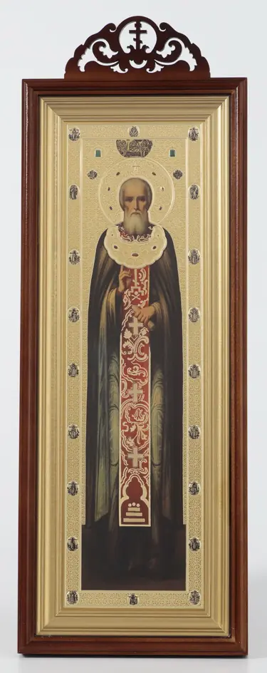 Icon in icon case 20×50 complex with carved with finial, blind embossing Sergius of Radonezh (full-length)
