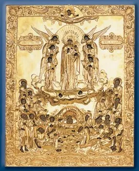 ღვთისმშობლის ფერწერული ხატი «ყოველთა მწუხარეთა სიხარული» 50×60, ზეთი, მოჭედილობა №87, მოოქროვება