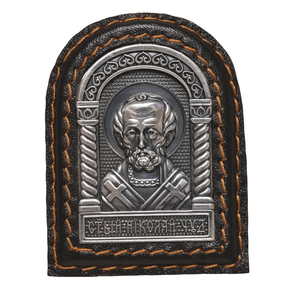 Икона в металлической рамке автомобильная на липкой ленте г / пластика кожа серебрение чернение Николай Чудотворец